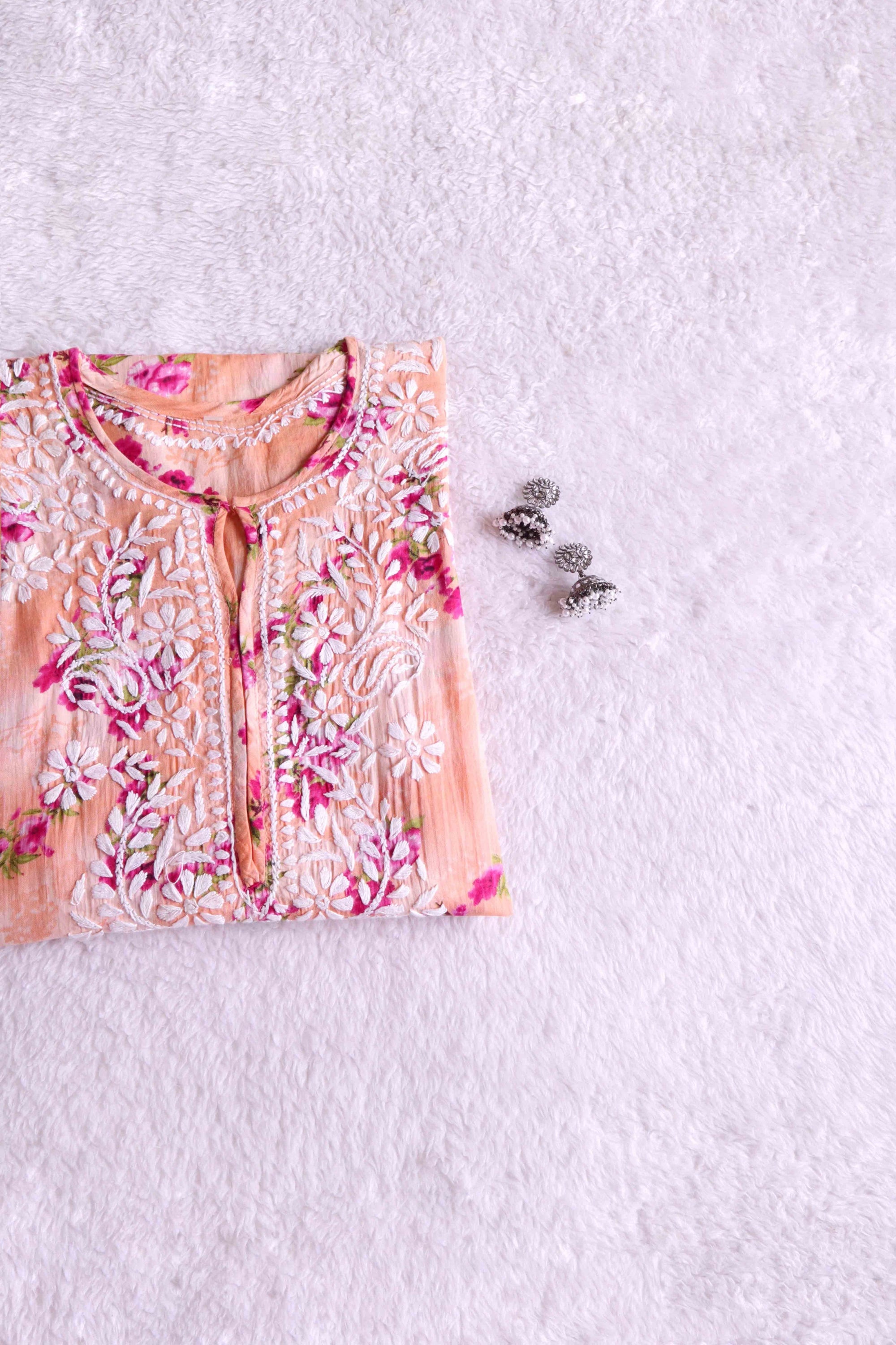 Peach Rose Floral Long MulMul kurta