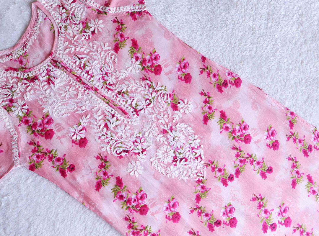 Pink Rose Floral Long MulMul kurta