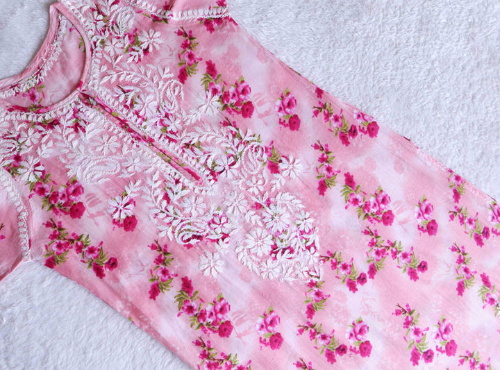 Pink Rose Floral Long MulMul kurta