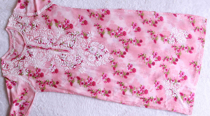 Pink Rose Floral Long MulMul kurta