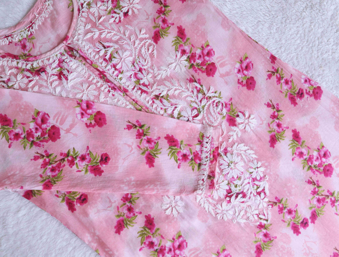 Pink Rose Floral Long MulMul kurta