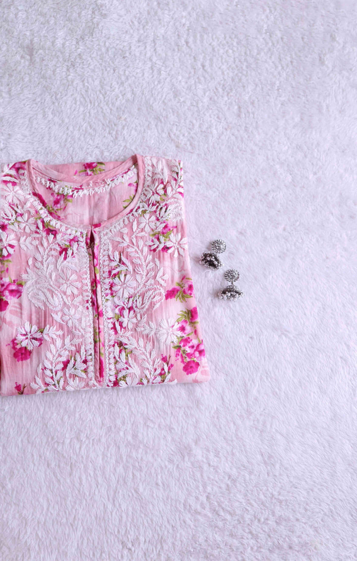 Pink Rose Floral Long MulMul kurta