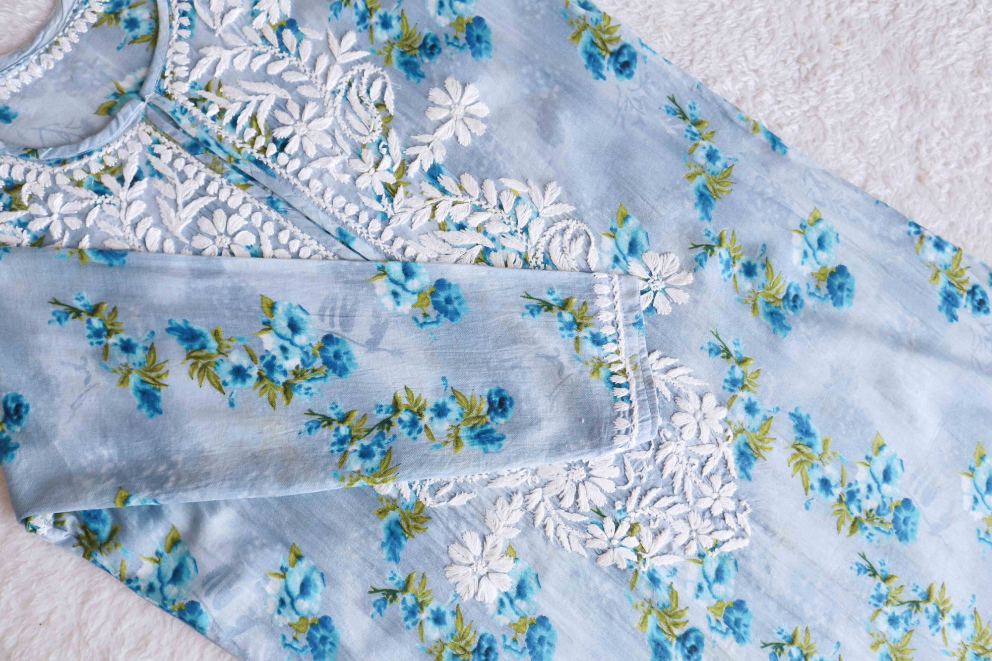Blue Rose Floral Long MulMul kurta