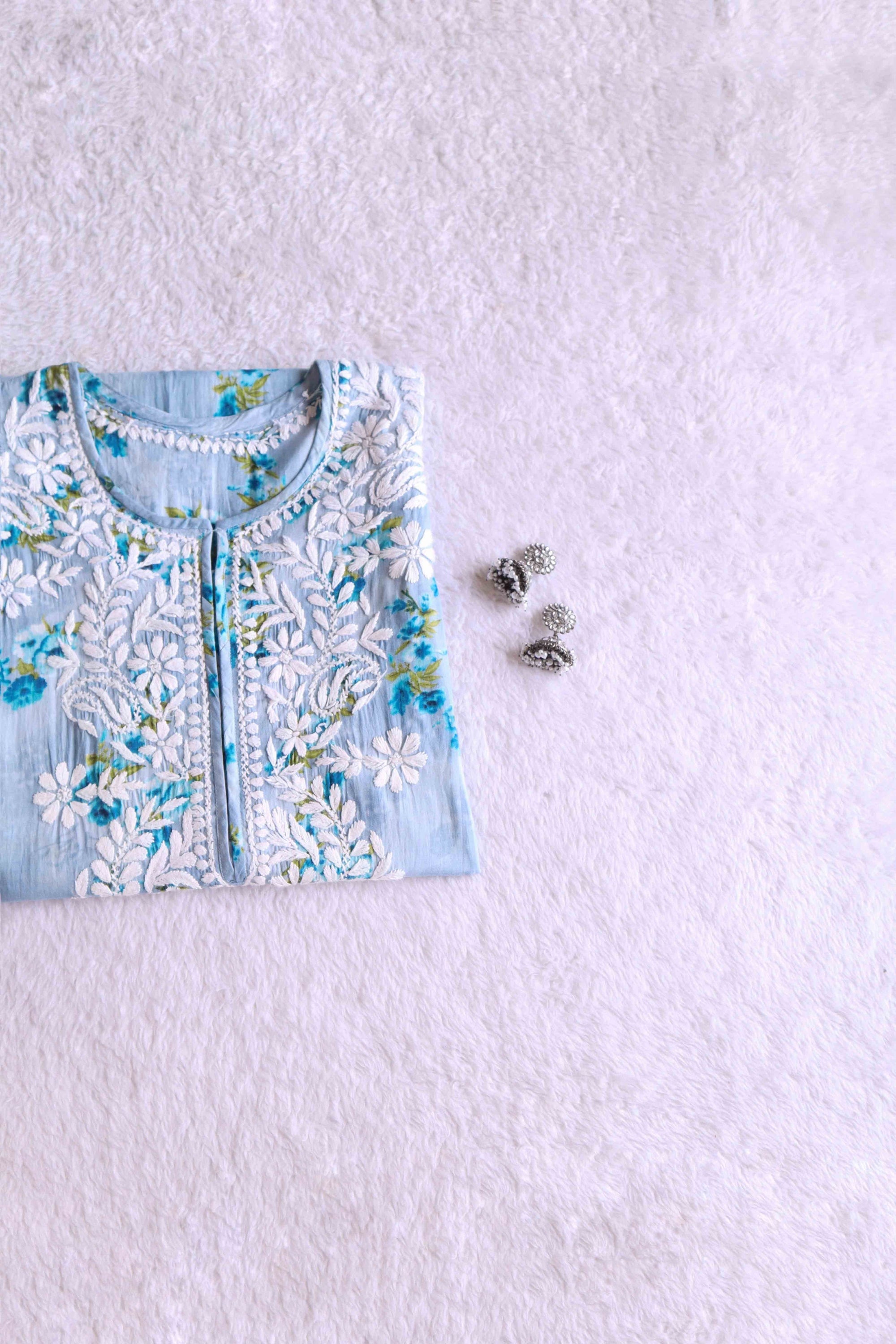 Blue Rose Floral Long MulMul kurta