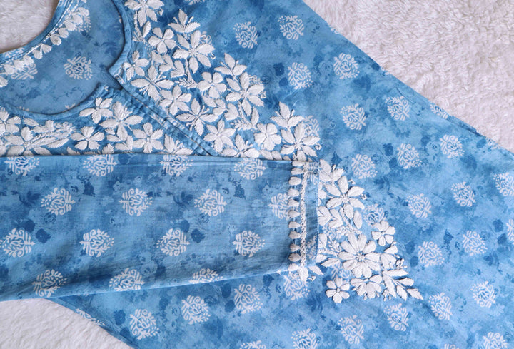 Aafiyat Ice Blue Floral Long MulMul kurta