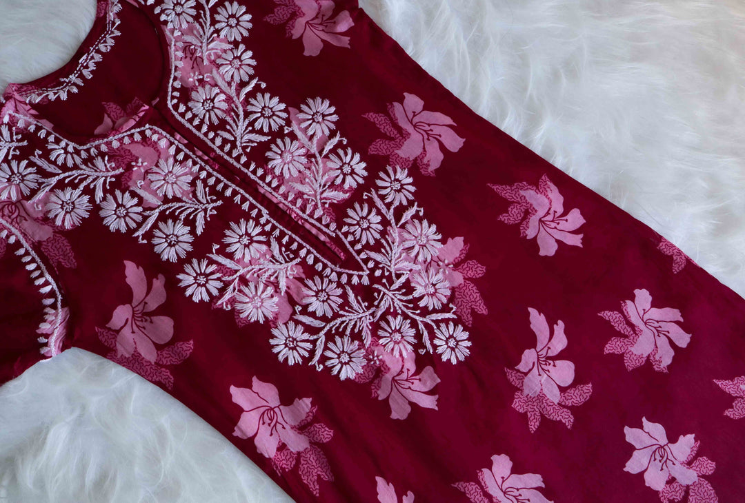 Aayat Maroon Floral Long MulMul kurta