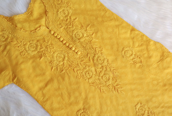 Yellow Long Jacquard Cotton kurta