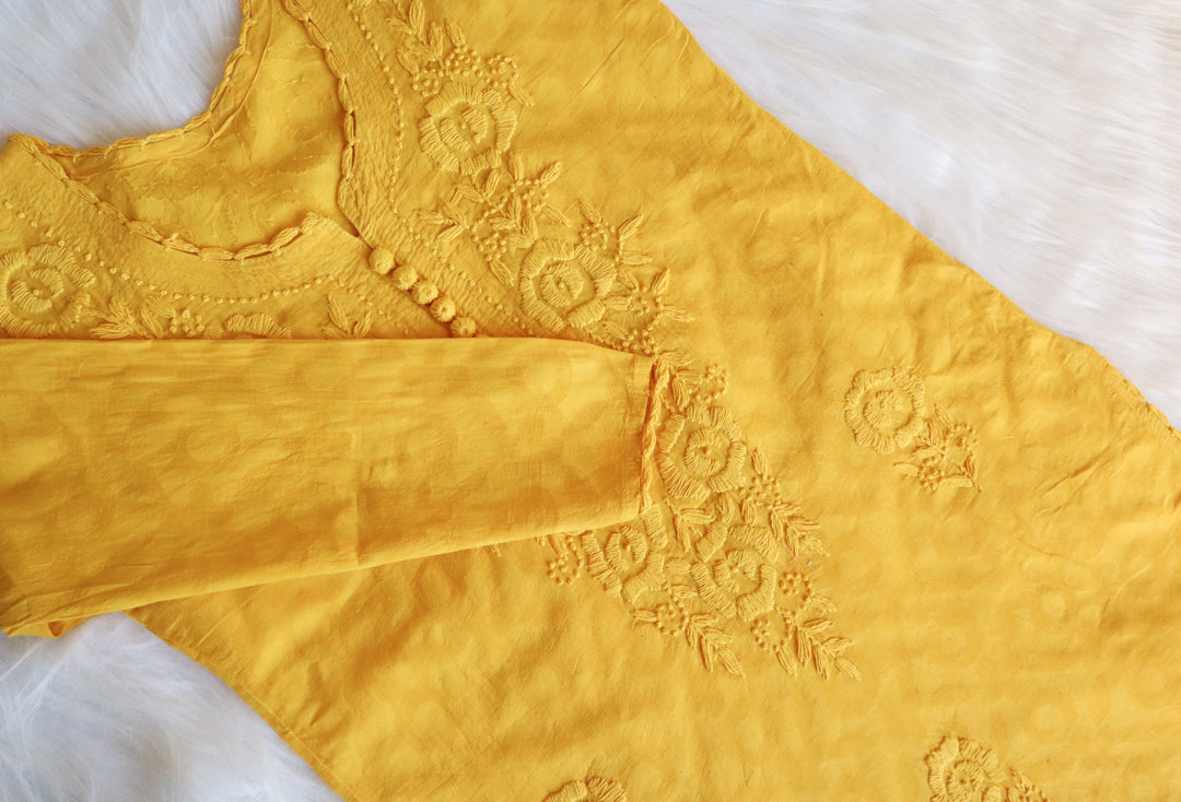 Yellow Long Jacquard Cotton kurta