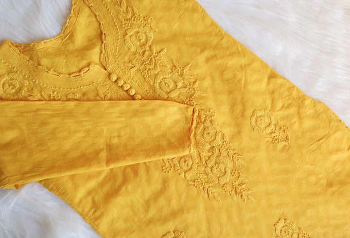 Yellow Long Jacquard Cotton kurta