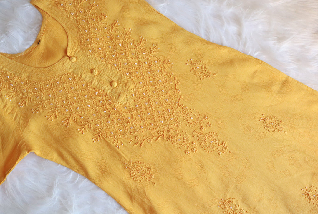 Yellow Long Jacquard Pearl Cotton kurta