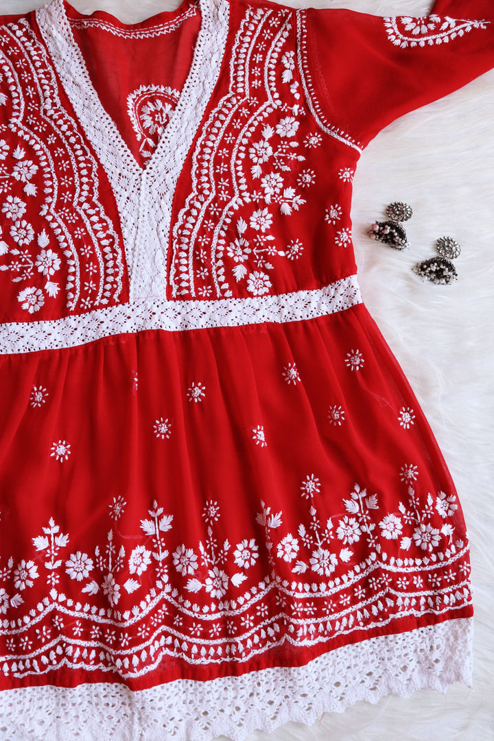 Red & White Lace Peplum Top