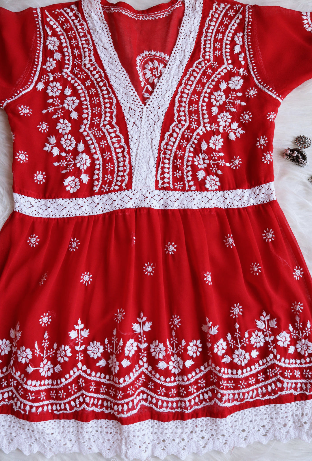 Red & White Lace Peplum Top