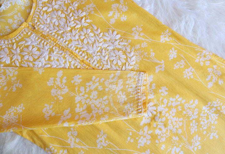 Farhaa Yellow Floral Long MulMul kurta