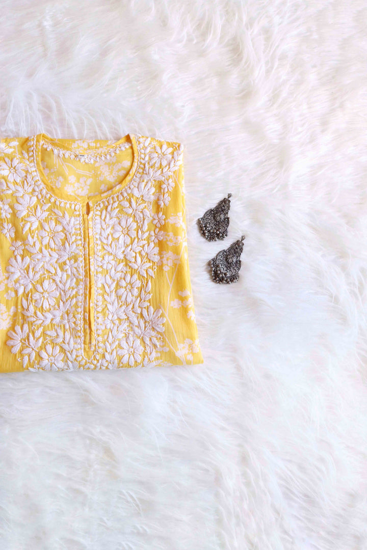 Farhaa Yellow Floral Long MulMul kurta