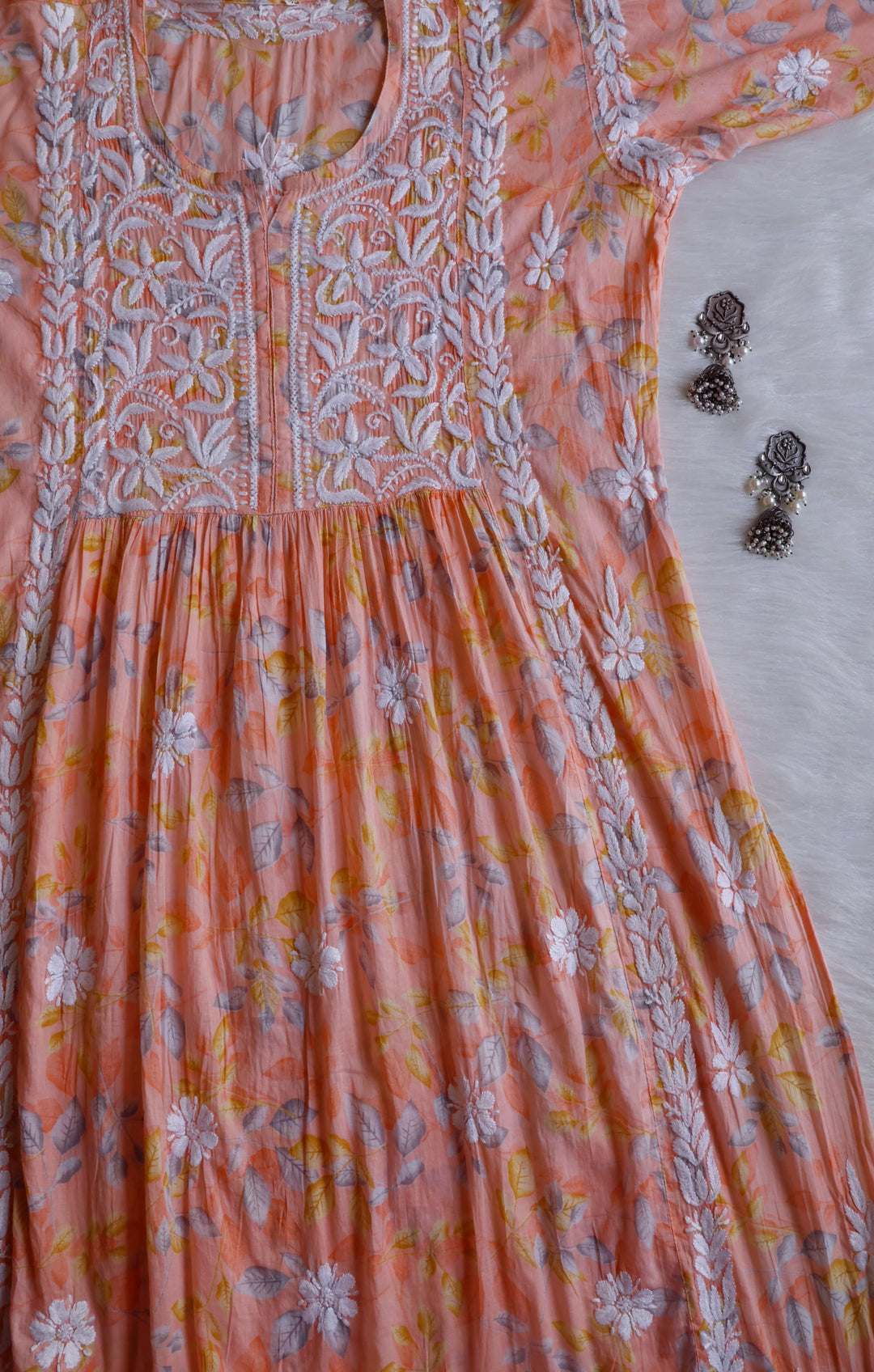Ayra Peach Floral Mulmul Nyra Cut Dress - Noor Chikankari