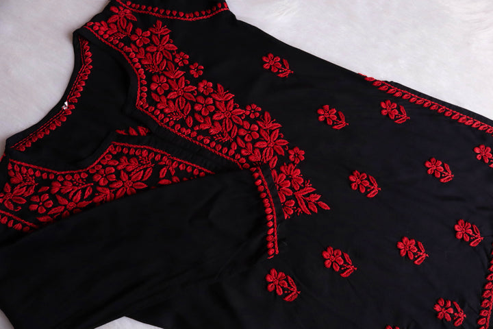 Gul-E-Jahaan Black & Red Short Rayon Kurta