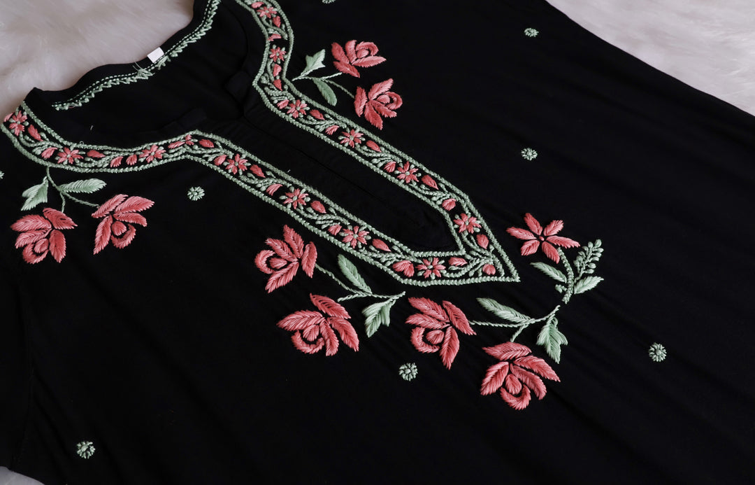 Gul Kashmiri Black & Rose Pink Modal Kurta Set