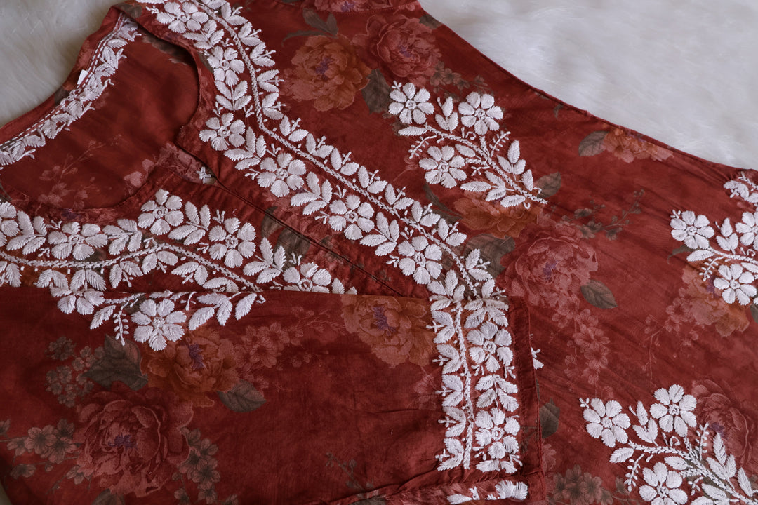 Dahlia Premium Rose Brown Floral Long MulMul kurta