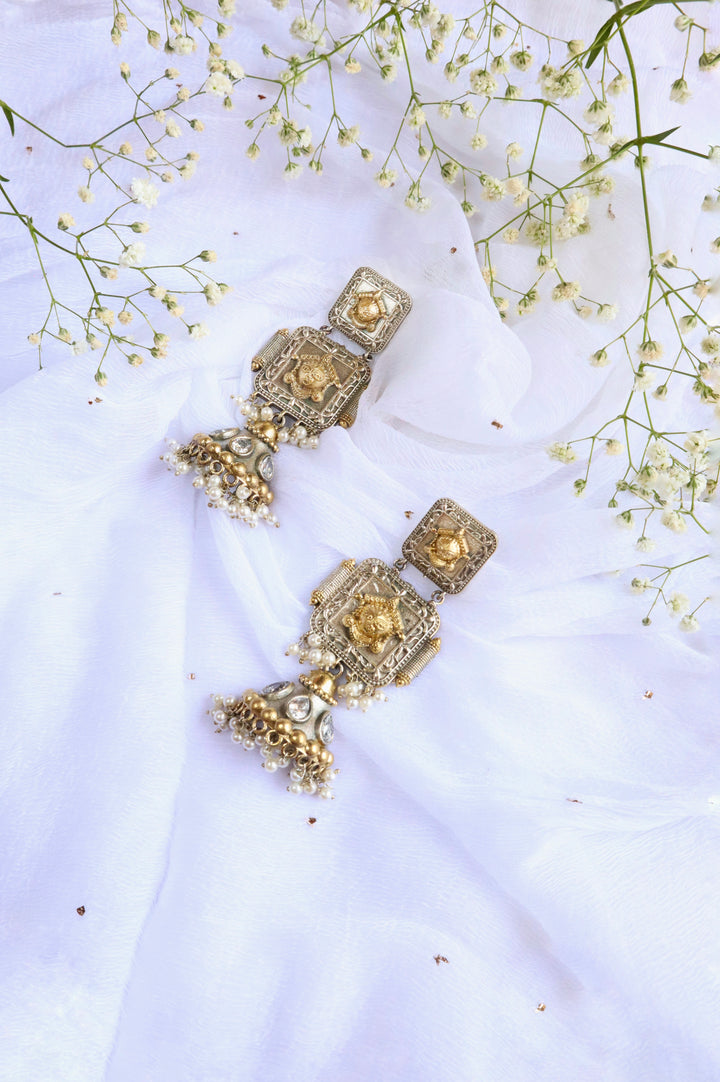 Oxidised Dual toned Silver & Gold chandelier earrings