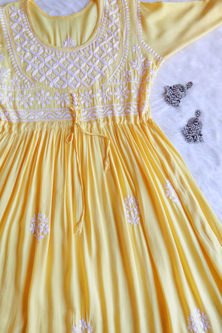 Alina Pastel Yellow Rayon Long fit and flare Dress