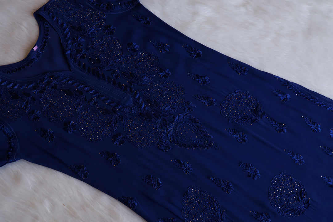 Hanaa Royal Blue Viscose Georgette Kurta - Noor Chikankari