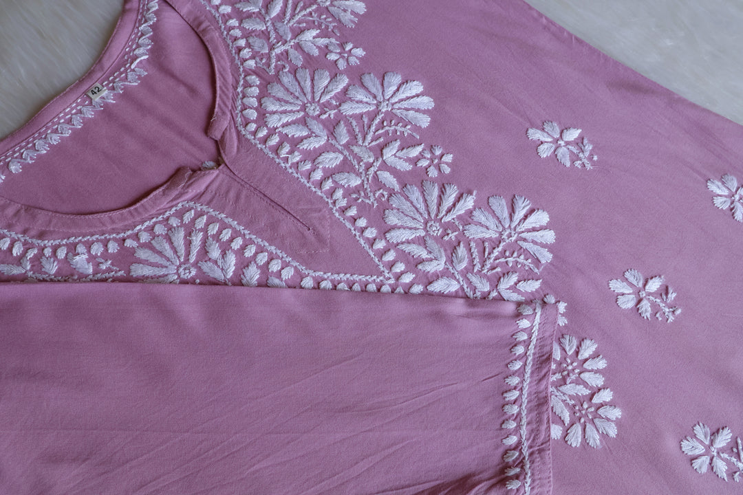 Aayat Dusty Lavender Short Rayon Kurta - Noor Chikankari