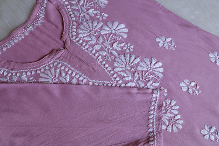 Aayat Dusty Lavender Short Rayon Kurta - Noor Chikankari