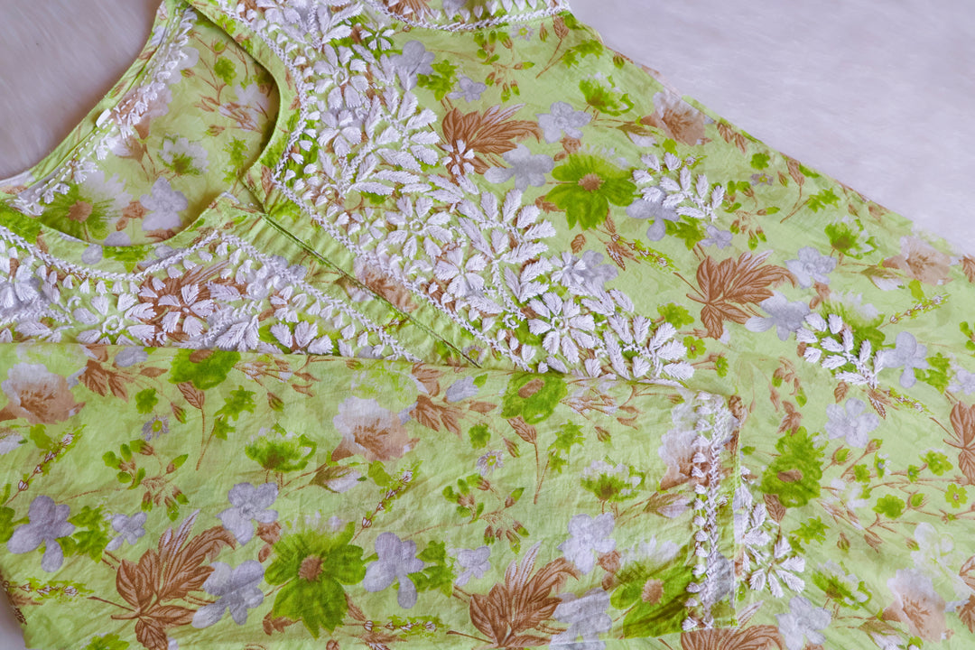 Hedaya Green Floral Long MulMul kurta