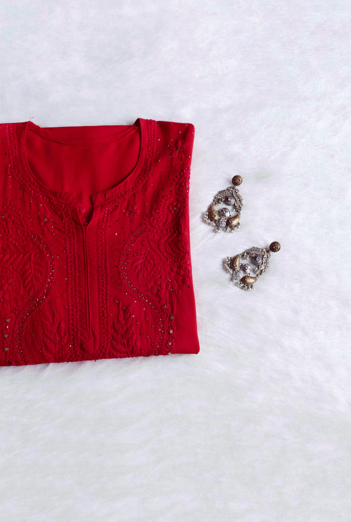 Naida Red Rayon mukaish Long Kurta