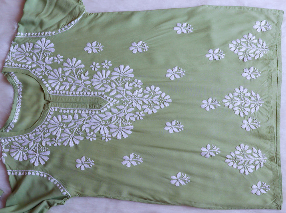Aayat Sage Green Short Rayon Kurta - Noor Chikankari