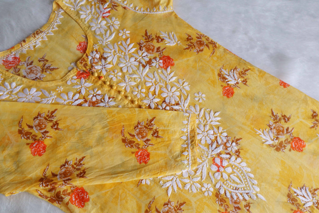 Gul Premium Yellow Floral Long MulMul kurta