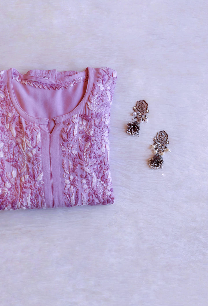 Nuresa Dusty Lavender Ombre Thread Long Rayon Kurta - Noor Chikankari