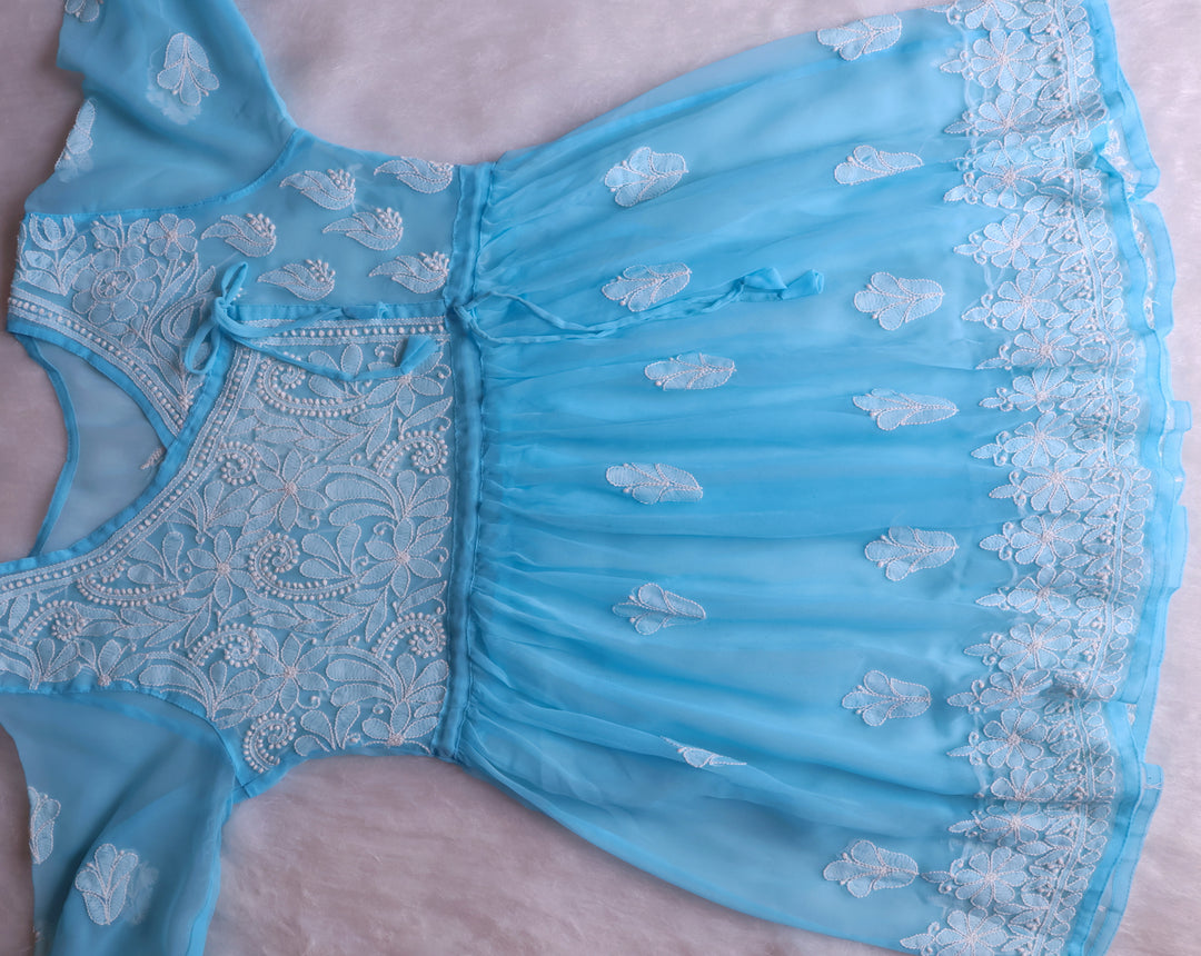 Sky Blue & White Georgette Angrakha frock