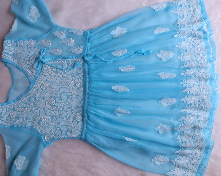 Sky Blue & White Georgette Angrakha frock