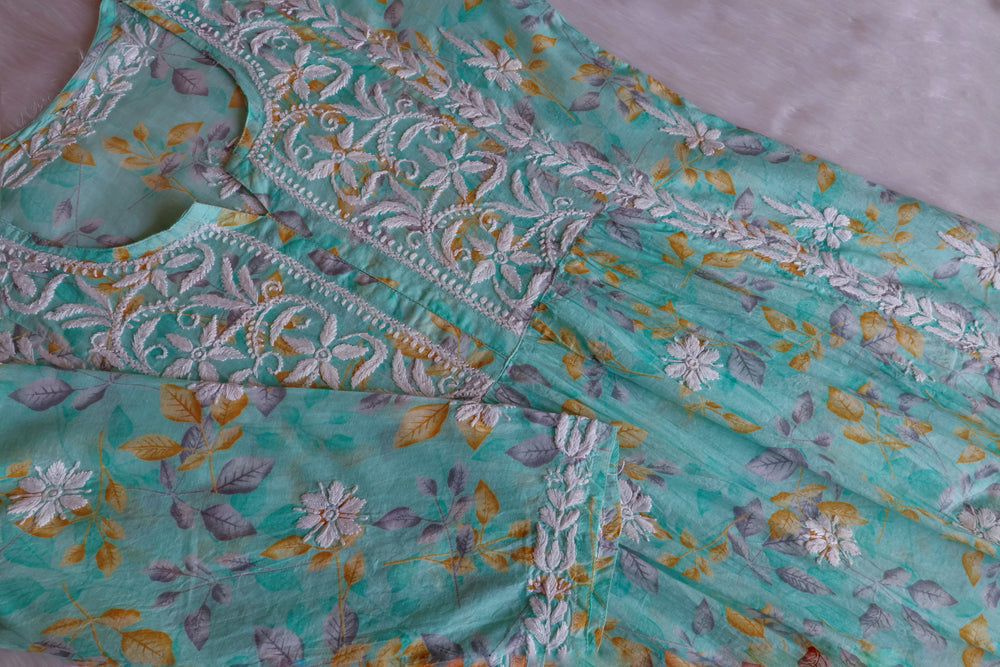 Ayra Mint Green Floral Mulmul Nyra Cut Dress - Noor Chikankari