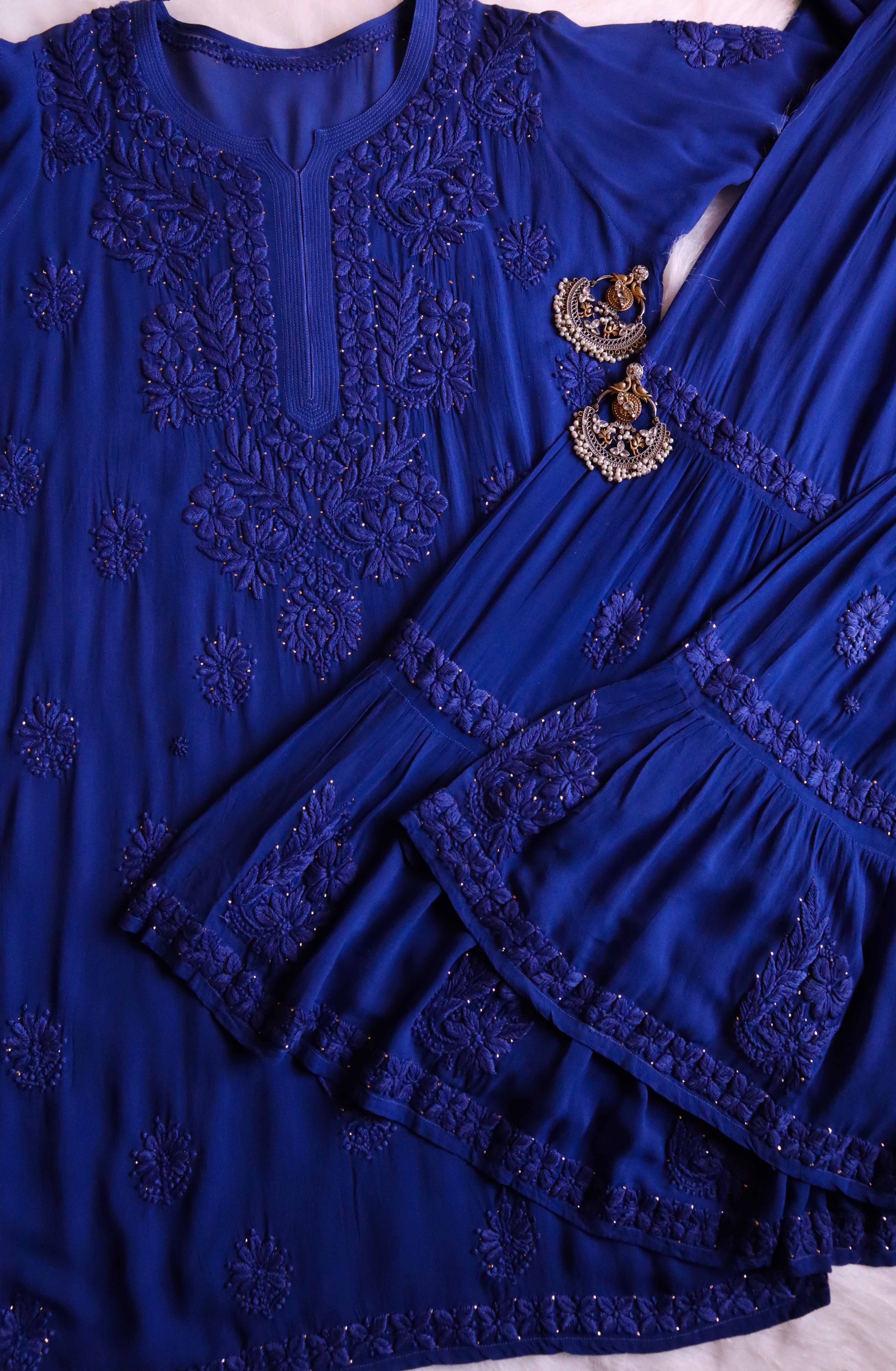 Zimra Premium Royal Blue Viscose Garara set - Noor Chikankari
