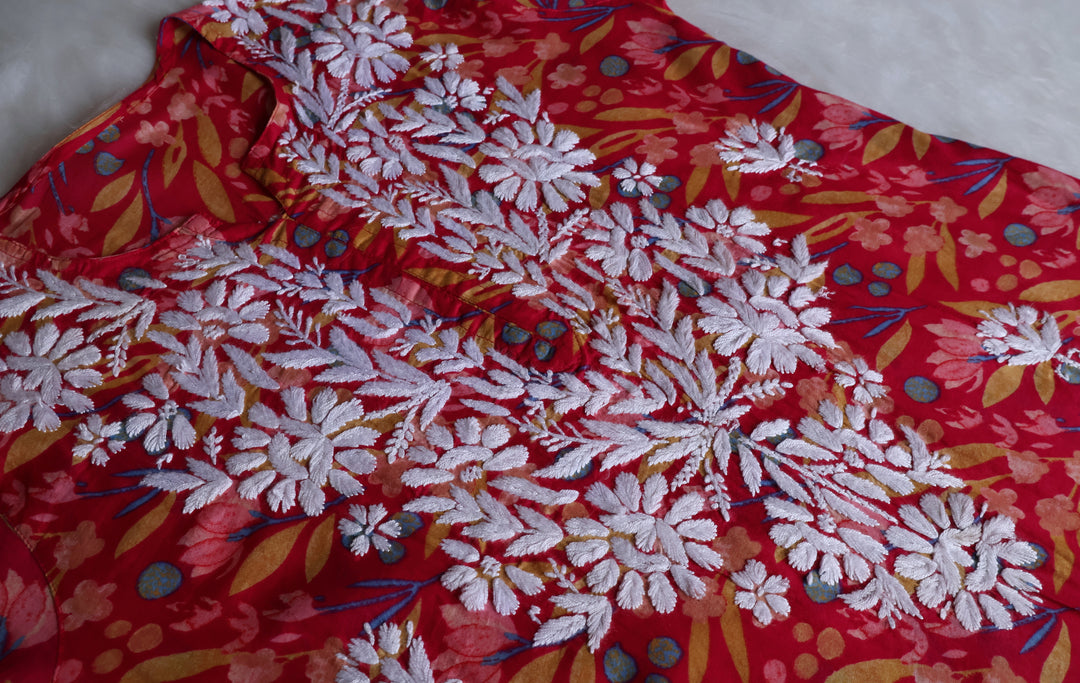 Sajal Deep Pink Floral Long MulMul kurta