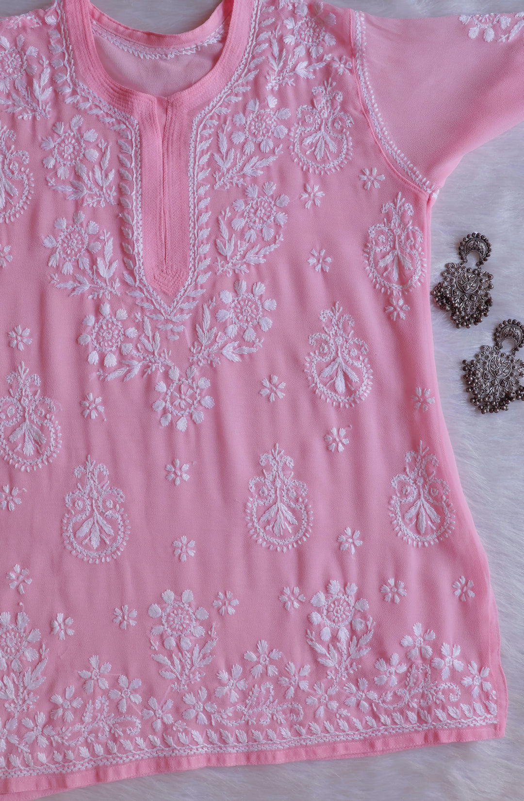 Zaira Pastel Pink & White Short Georgette Kurta - Noor Chikankari