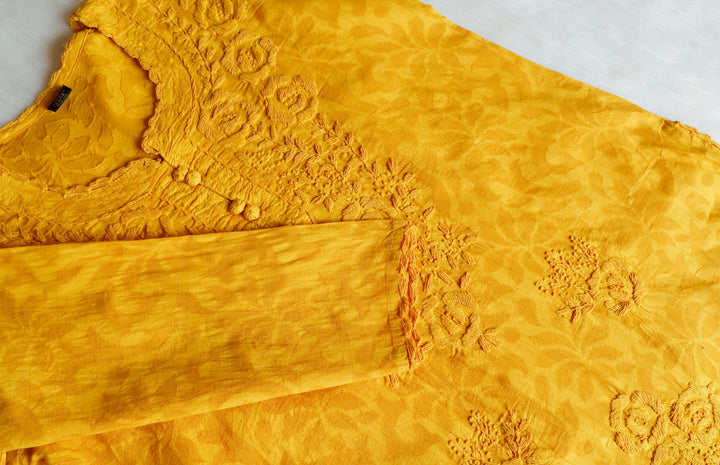 Yellow Long Jacquard Lace Cotton kurta