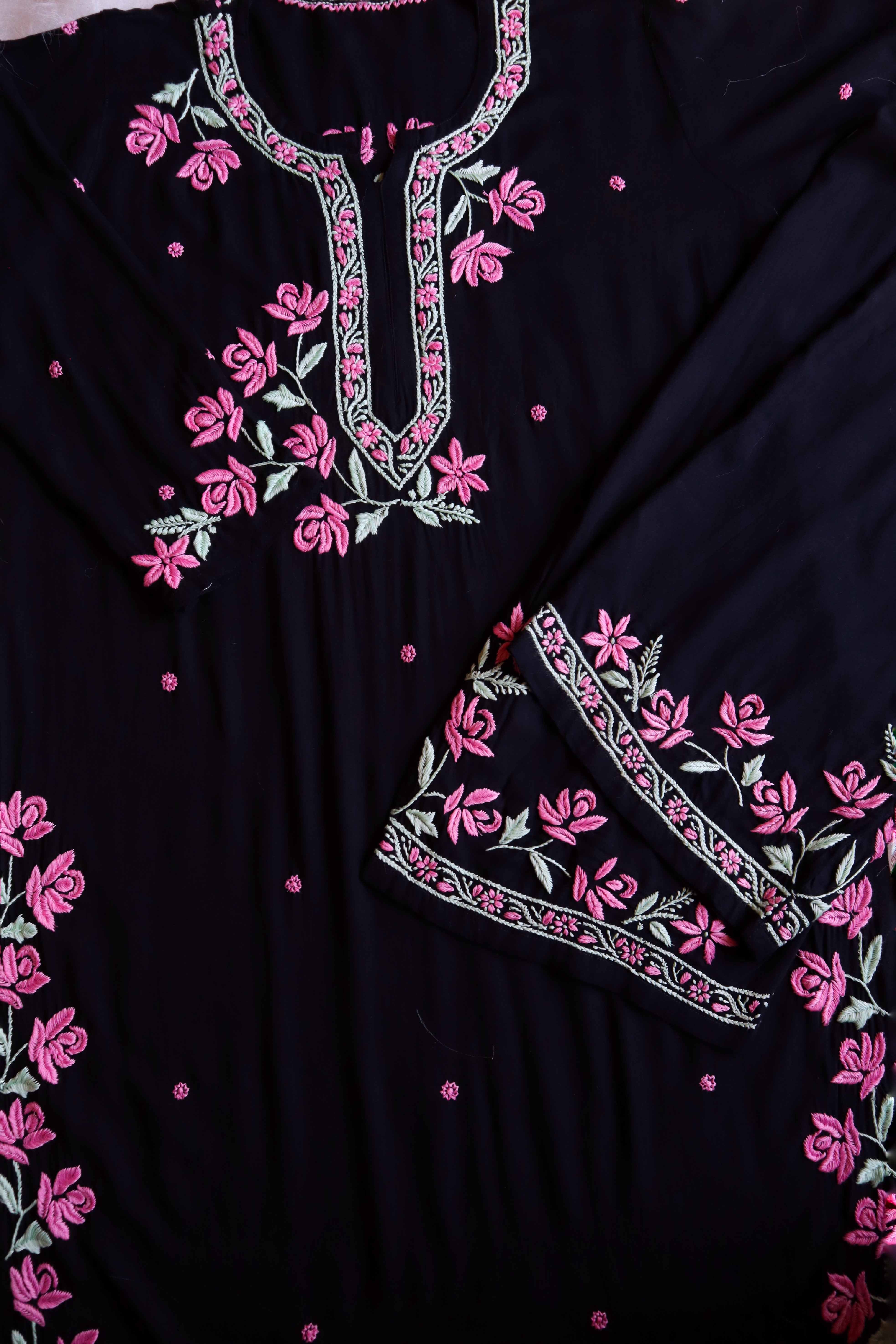 Gul Kashmiri Black & Baby Pink Modal Kurta Set - Noor Chikankari