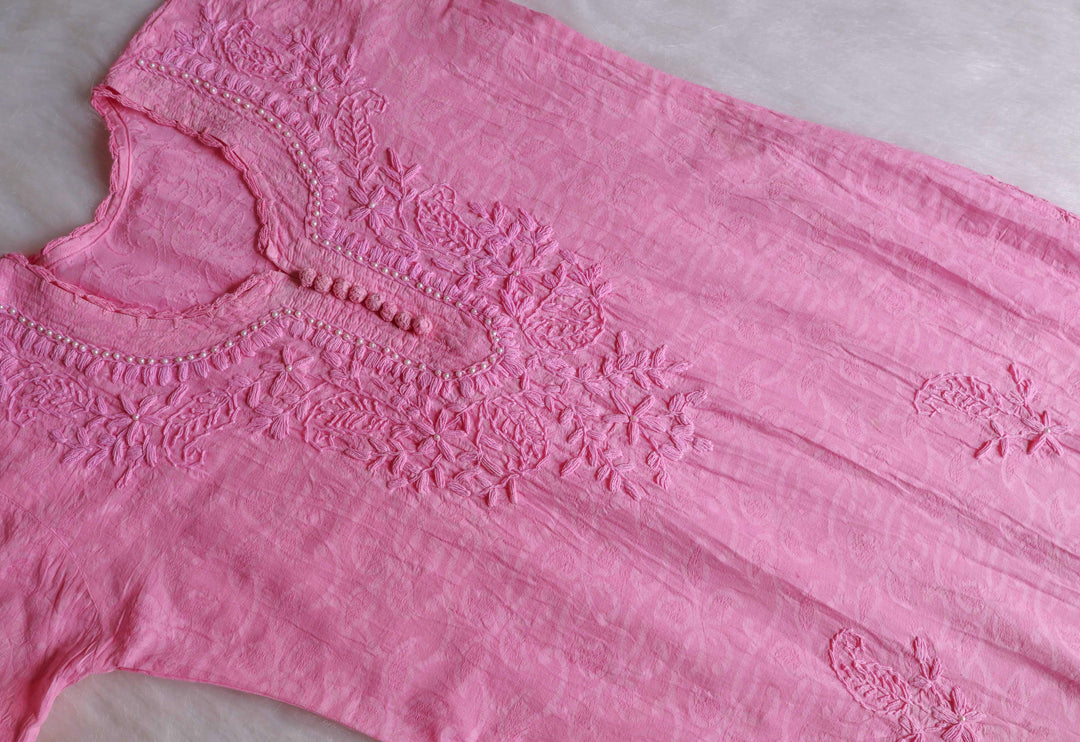 Pink Long Cotton Jacquard Pearl kurta