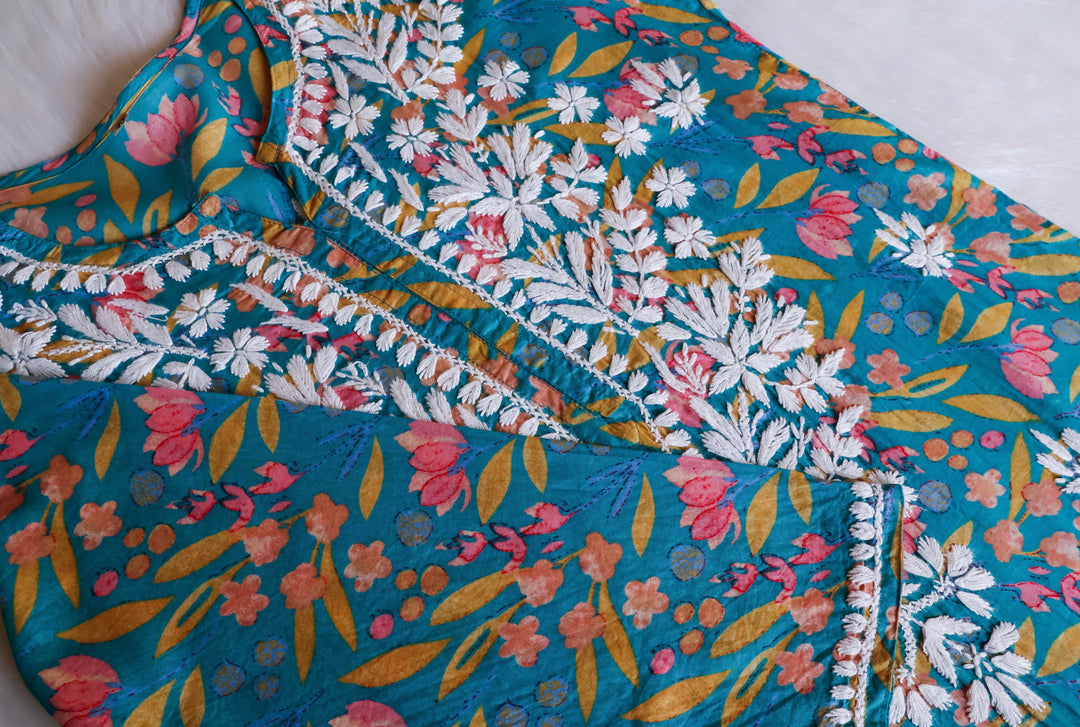 Sajal Teal Blue Pure Mulmul set