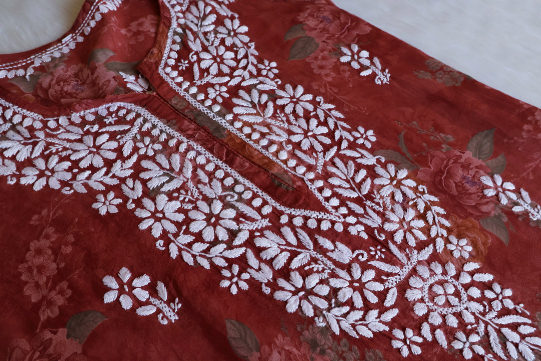 Dahlia Brick Red Floral Long MulMul kurta