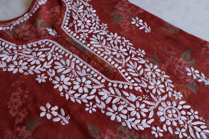 Dahlia Brick Red Floral Long MulMul kurta
