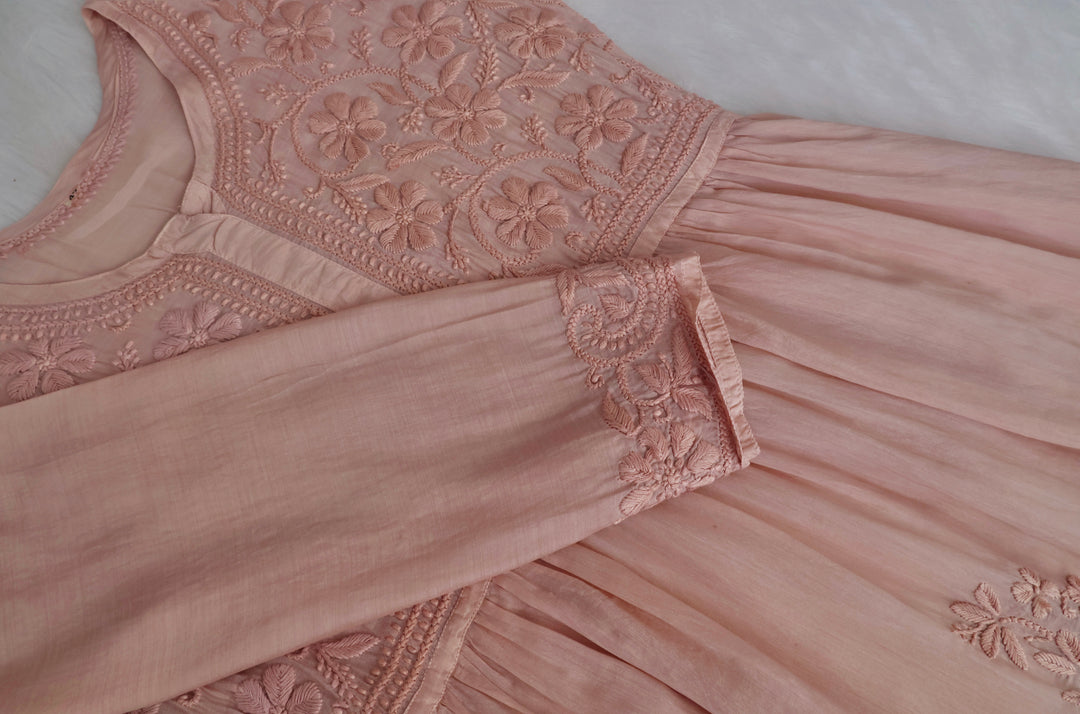 Aafiyat Pure Muslin Beige Chikankari Fit and Flare dress