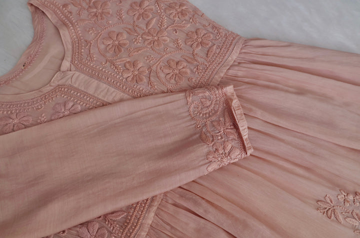 Aafiyat Pure Muslin Beige Chikankari Fit and Flare dress