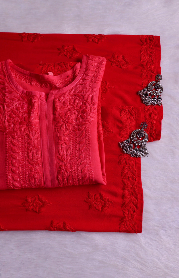 Nagma Coral Red 2 piece Rayon set