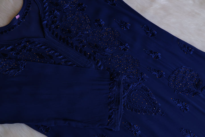 Hanaa Royal Blue Viscose Georgette Kurta - Noor Chikankari
