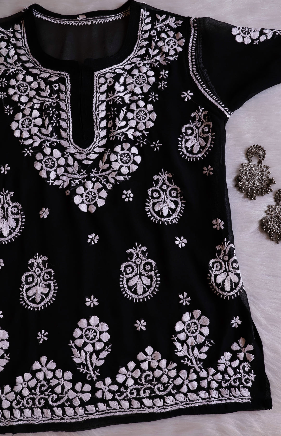 Zaira Black & White Short Georgette Kurta - Noor Chikankari