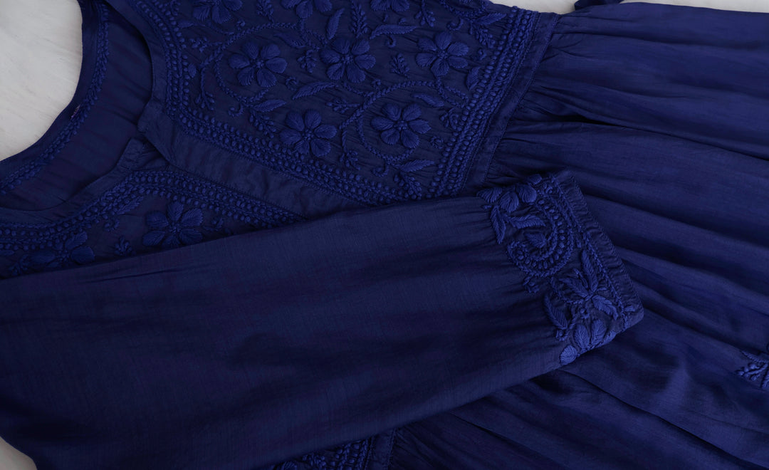 Aafiyat Pure Muslin Royal Blue Chikankari Fit and Flare dress
